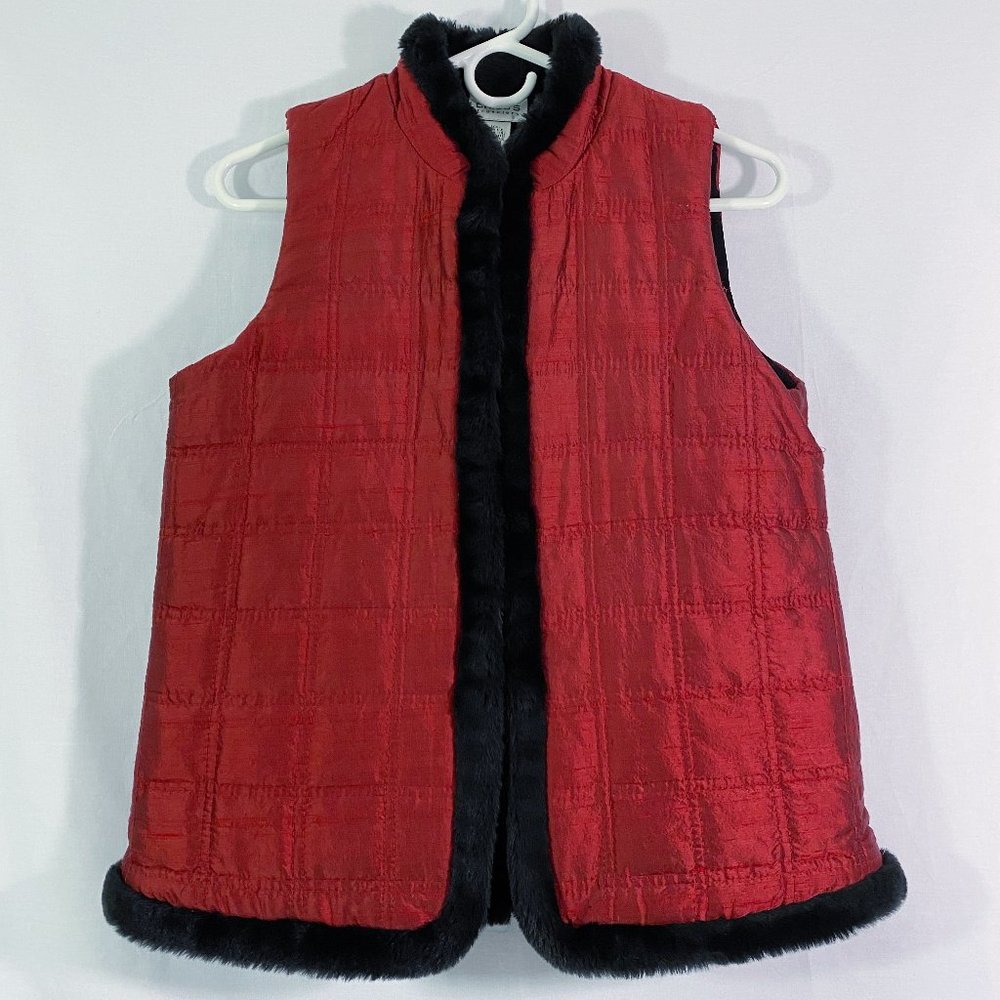 Chicos Reversible Quilted Silk Vest Faux Fir Trim